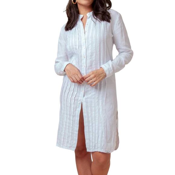 Claudio Milano white Italian linen pleated button down tunic blouse size M - Picture 1 of 15